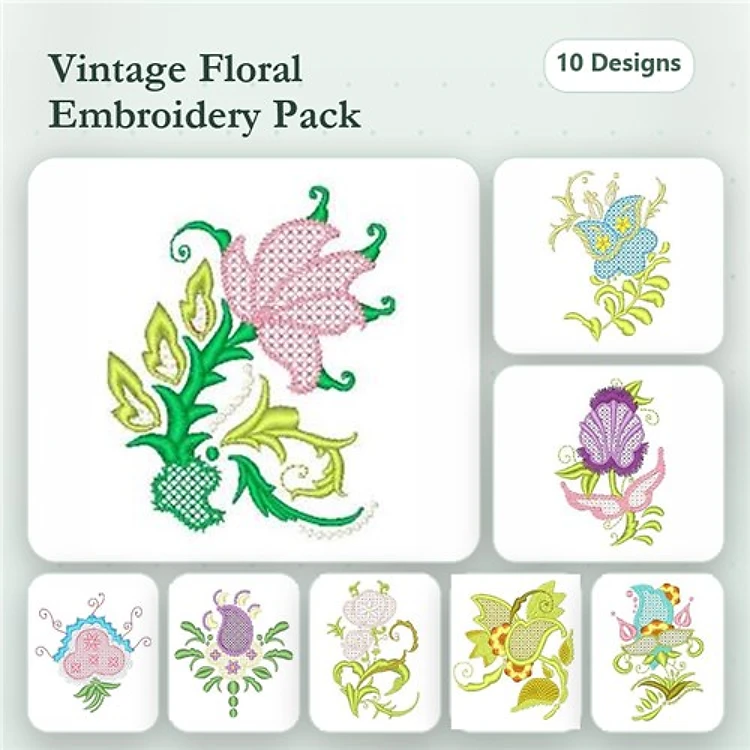 Floral Embroidery Designs Bundle – Vintage Floral Design 1, Vintage Floral Design 2, Vintage Floral Design 3 & More (10 Designs)