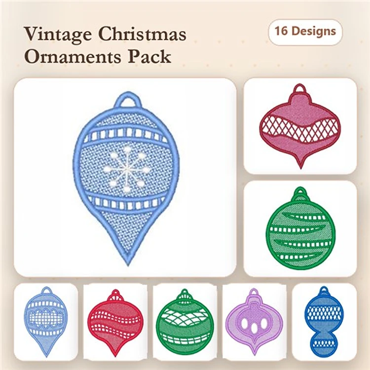 FSL Vintage Christmas Ornaments Embroidery Designs Bundle – Snowflake Ornament, Red Ornament with Pattern, Green Striped Ornament & More (16 Designs)