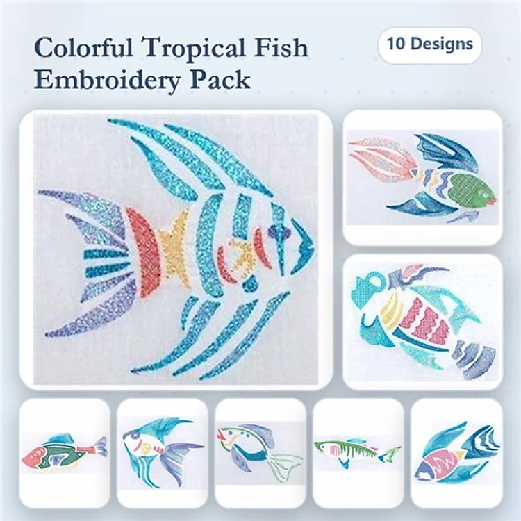 Colorful Tropical Fish Embroidery Designs Bundle – Tropical Fish with Blue Stripes, Colorful Angelfish, & More (10 Designs)
