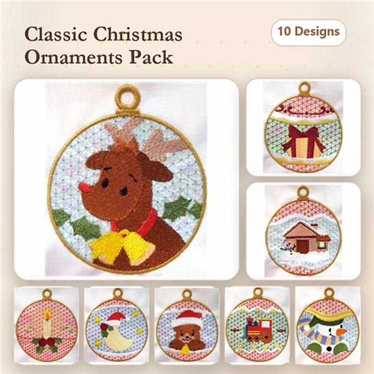 Applique Christmas Ornament Embroidery Bundle – Reindeer, Candle, Gift Box, Christmas Dog & More (10 Designs)