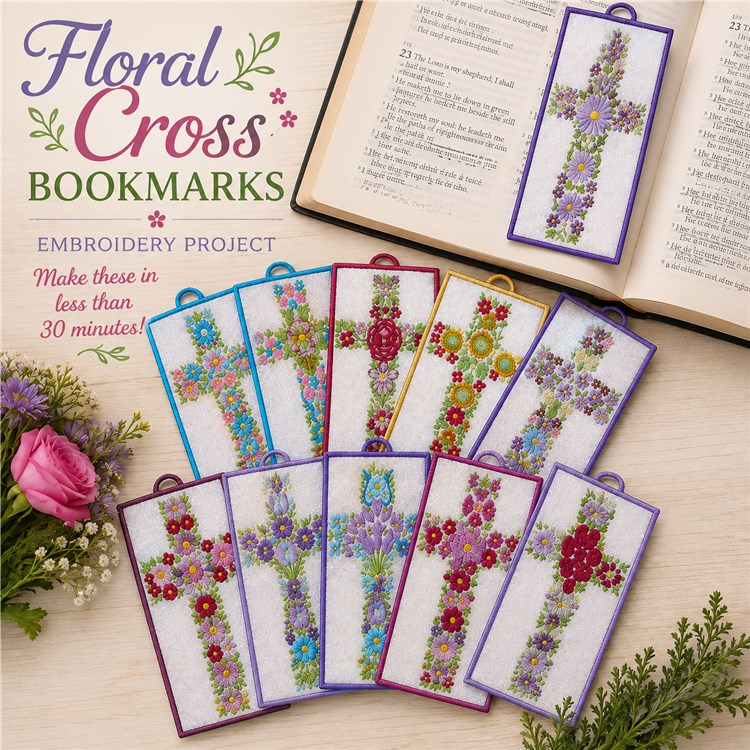 ITH Floral Cross Embroidery Designs Bundle – Floral Cross Bookmark with Purple Edging, Pink Edging, Blue Edging & More (10 Designs)