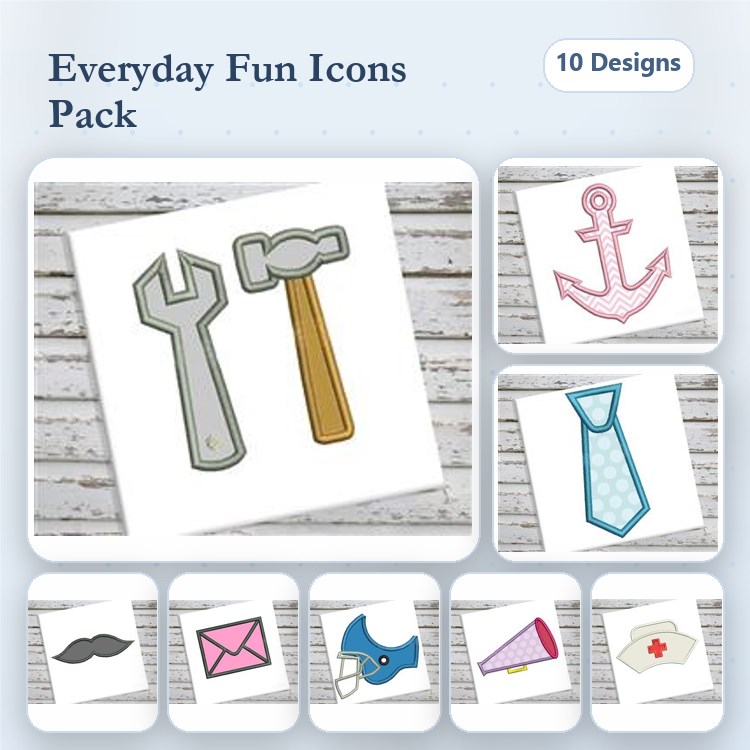 Everyday Fun Icons Embroidery Designs Bundle – Wrench, Hammer, Anchor, Tie & More (10 Designs)