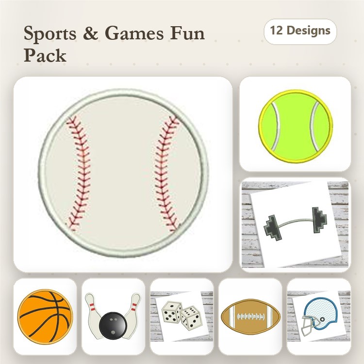Sports Embroidery Designs Bundle – Baseball, Basketball, Dumbbell, Tennis Ball & More (12 Designs)
