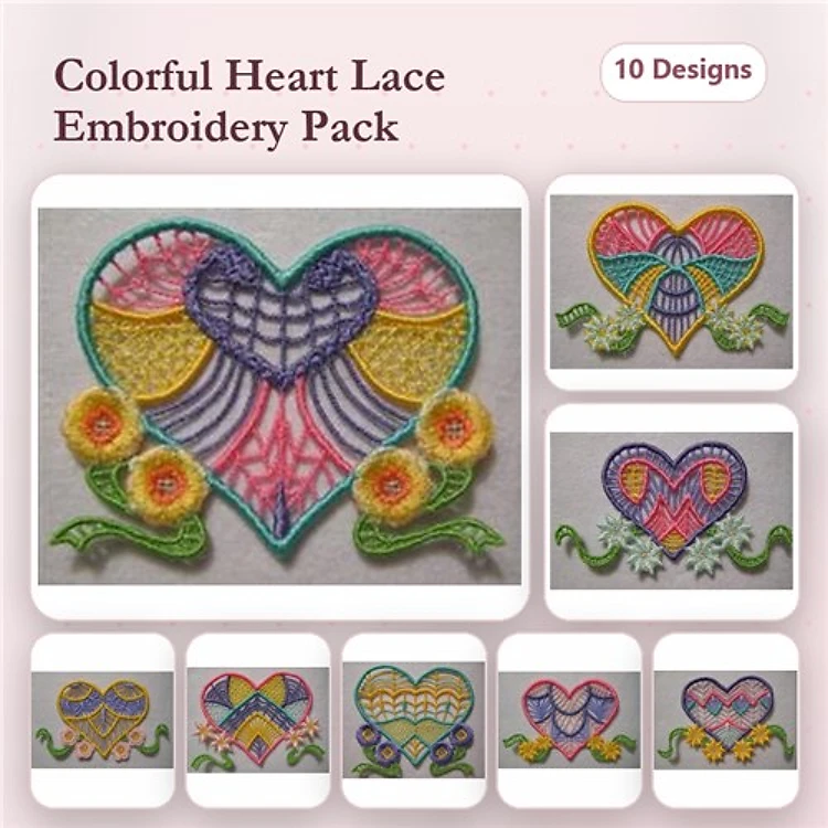 FSL Colorful Heart Embroidery Designs Bundle – Lace Heart with Flowers, Multi-Colored Heart, & More (10 Designs)