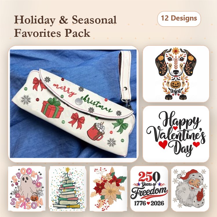 Holiday Embroidery Designs Bundle – Christmas Tree, Santa Claus, Valentine's Day Dog & More (12 Designs)
