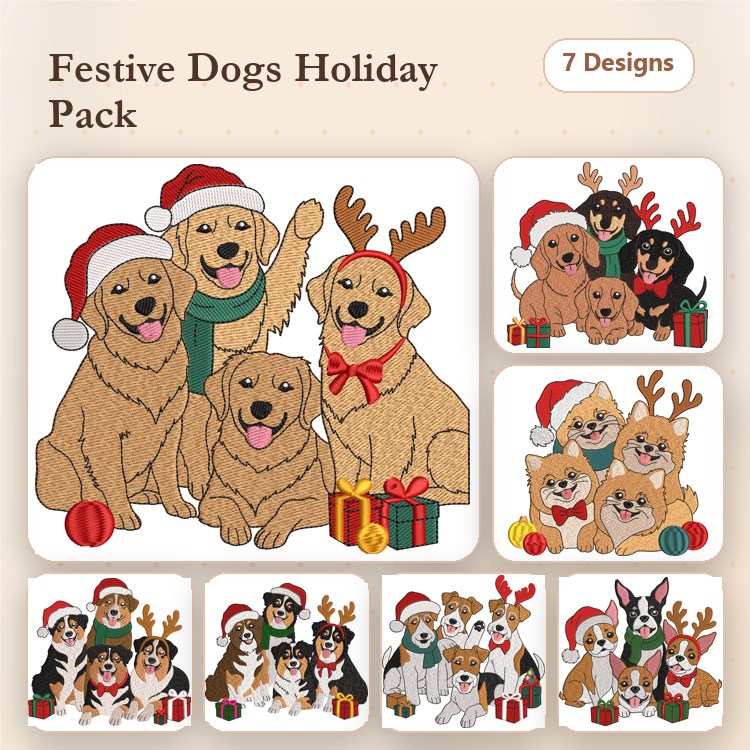 Festive Dogs Holiday Embroidery Bundle – Holiday Canine Designs (7 Designs)