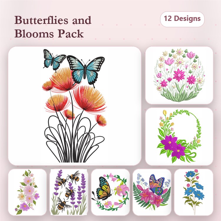 Butterfly & Blooming Flower Embroidery Bundle – Floral Designs (12 Designs)