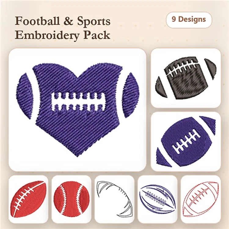 Football & Sports Embroidery Designs Bundle – Football Heart, Red Football, Black Football & More (9 Designs)