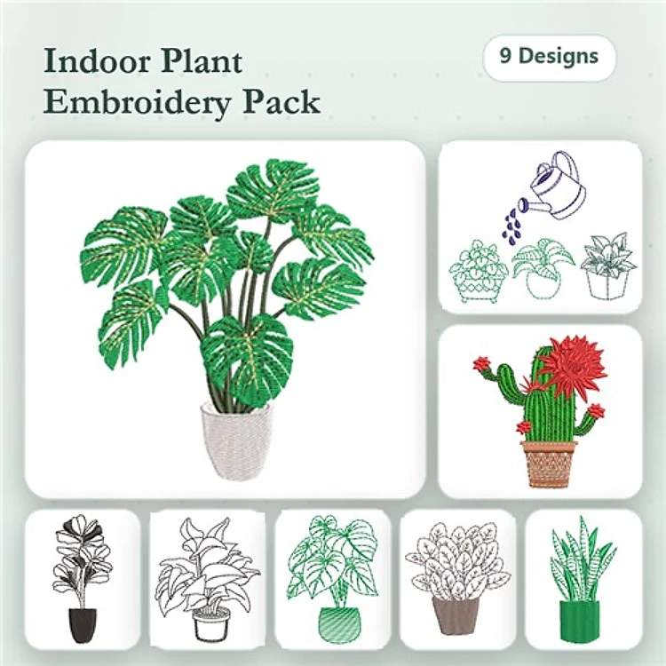 Indoor Plants Embroidery Designs Bundle – Monstera Plant, Watering Can with Plant, Potted Cactus & More (9 Designs)