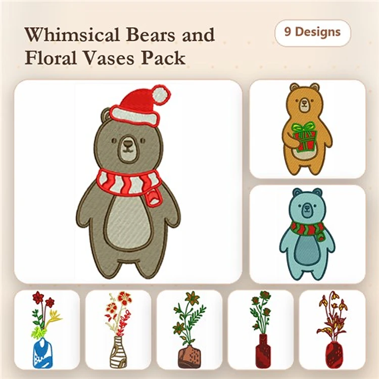 Bears & Floral Vases Embroidery Designs Bundle – Bear with Santa Hat, Bear with Gift, Floral Vase with Red Flowers & More (9 Designs)