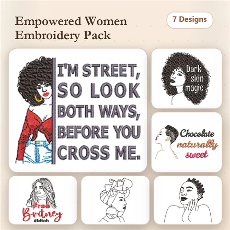 Empowered Women Embroidery Designs Bundle – Curly Haired Woman, Dark Skin Magic, Chocolate Naturally Sweet & More (7 Designs)