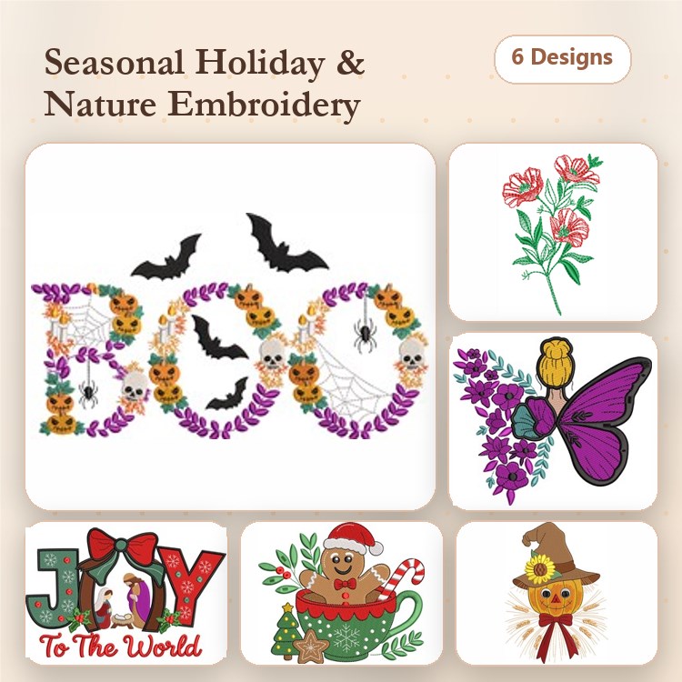 Seasonal and Nature Embroidery Bundle – Boo with Bats, Joy to the World, Gingerbread Man in Cup & More (6 Designs)