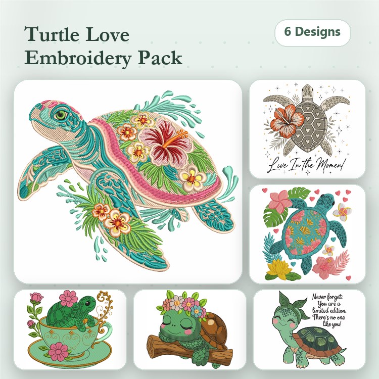 Turtle & Flower Embroidery Designs Bundle – Tropical Turtle, Sleepy Turtle, Baby Turtle in Teacup & More (6 Designs)