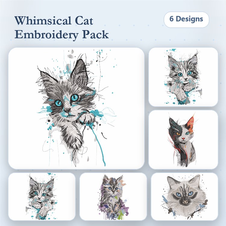 Whimsical Cat Embroidery Bundle – Playful Cat, Artistic Black and White Cat, Curious Tabby & More (6 Designs)