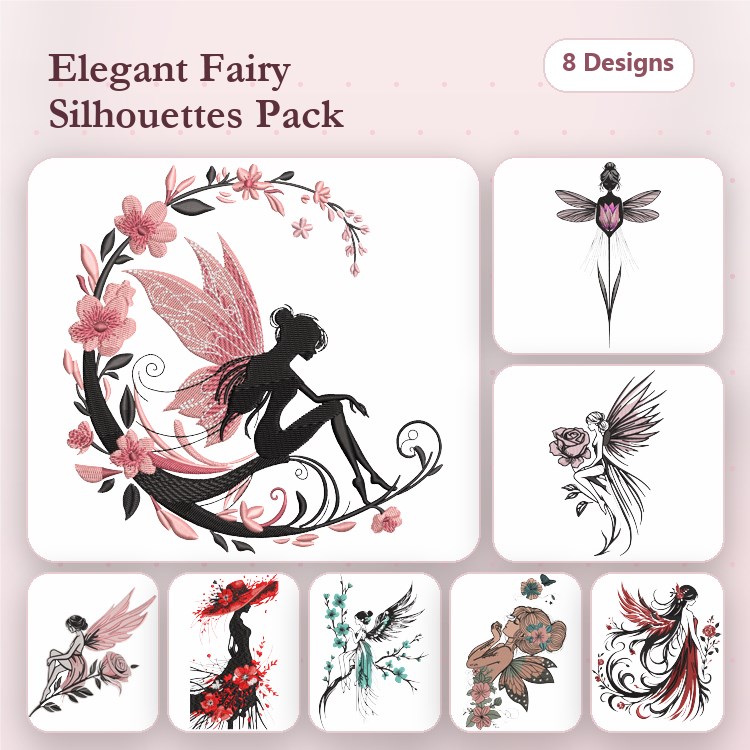 Elegant Fairy Silhouettes Embroidery Designs Bundle – Fairy Sitting with Flowers, Fairy with Dragonfly, & More (8 Designs)