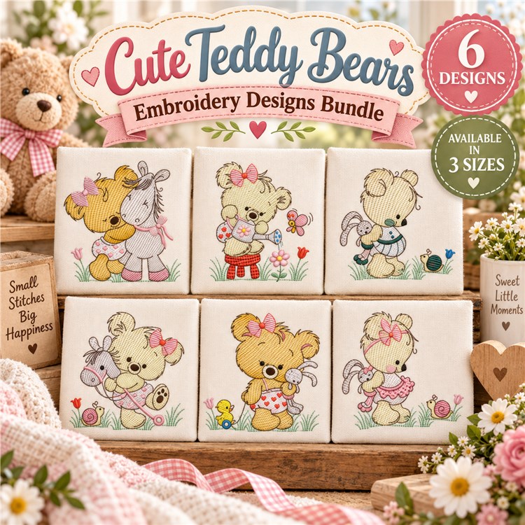 Cute Teddy Bears Embroidery Designs Bundle – Teddy Bear with Duckling, Teddy Bear with Cupcake, & More (6 Designs)