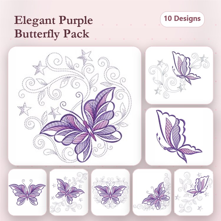 Purple Butterflies Embroidery Bundle – Elegant Purple Butterfly A, Elegant Purple Butterfly B, Elegant Purple Butterfly C & More (10 Designs)