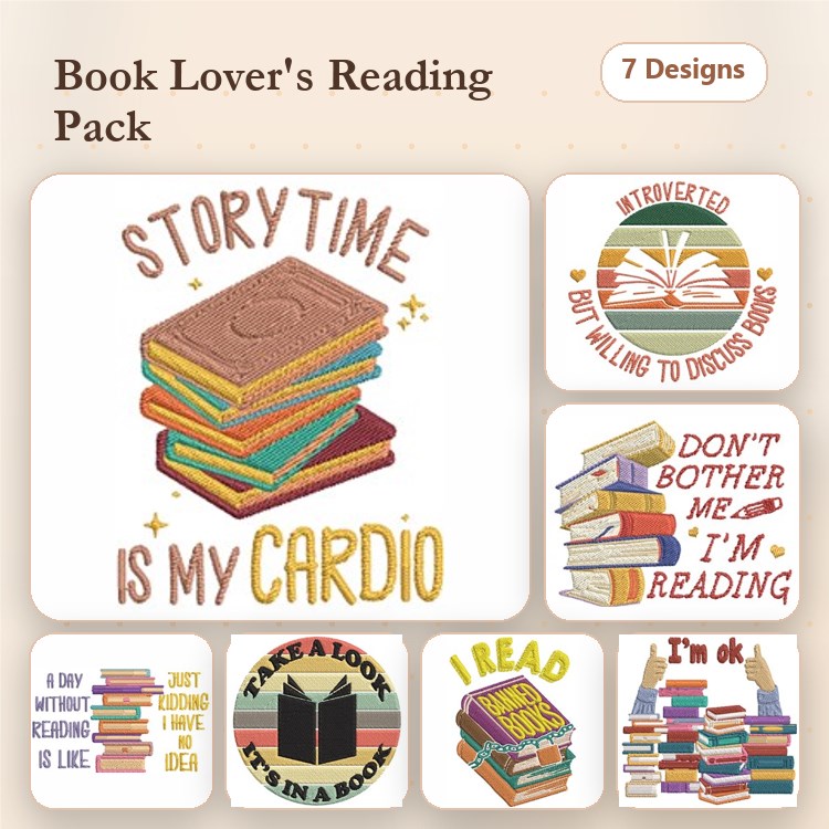 Book-Themed Embroidery Designs Bundle – Storytime is My Cardio, Books and Coffee, Don't Bother Me I'm Reading & More (7 Designs)