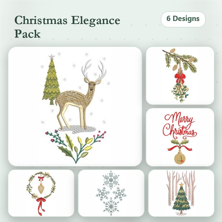 Christmas-Themed Embroidery Designs Bundle – Deer with Tree, Mistletoe with Red Berries, Merry Christmas & More (6 Designs)