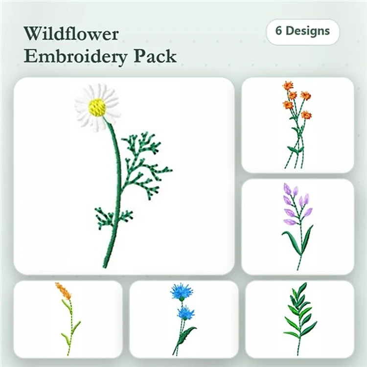 Wildflower Embroidery Bundle – Daisy, Orange Wildflower, Purple Wildflower & More (6 Designs)