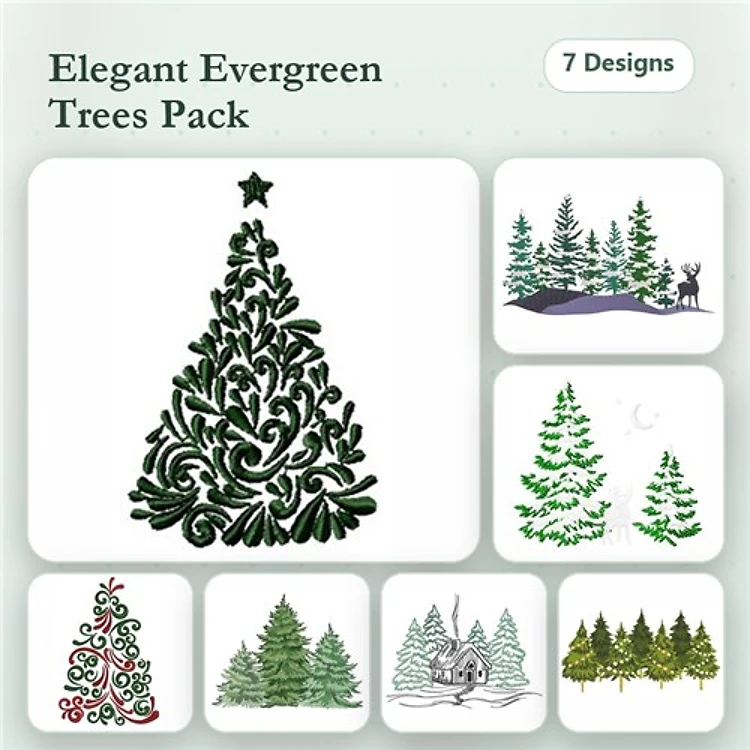 Evergreen Trees Embroidery Designs Bundle – Decorative Christmas Tree, Snowy Pine Trees, Floral Christmas Tree & More (7 Designs)