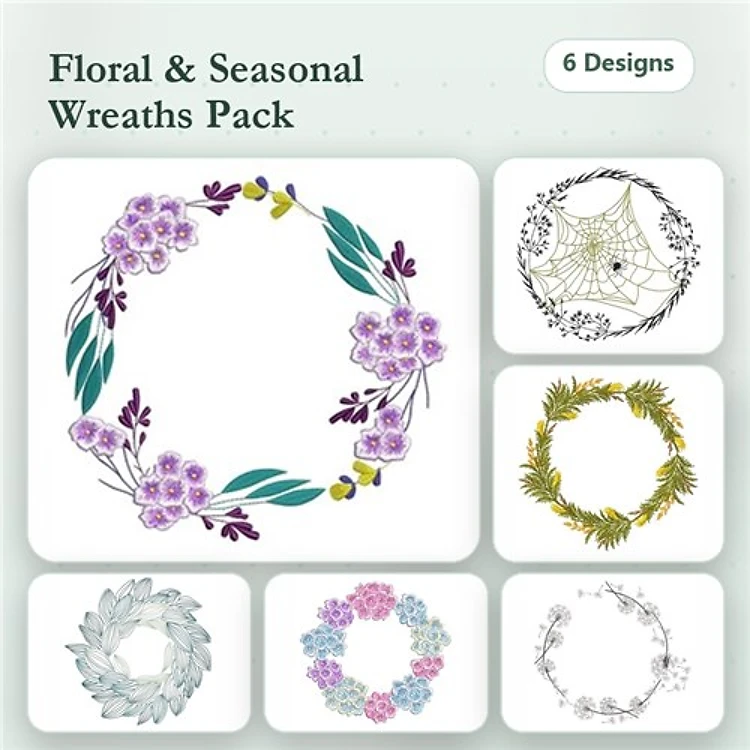 Floral Wreath Embroidery Designs Bundle – Purple Floral Wreath, Succulent Wreath, Greenery Wreath & More (6 Designs)