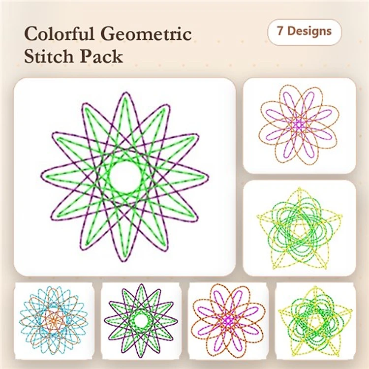 Colorful Geometric Patterns Embroidery Designs Bundle – Star Design 1, Floral Star Design 1, Geometric Flower Design 1 & More (7 Designs)