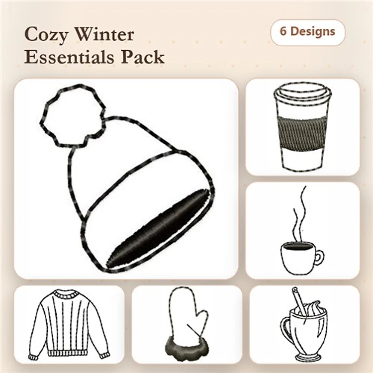 Redwork Cozy Winter Essentials Embroidery Designs Bundle – Beanie Hat, Coffee Cup, Sweater & More (6 Designs)
