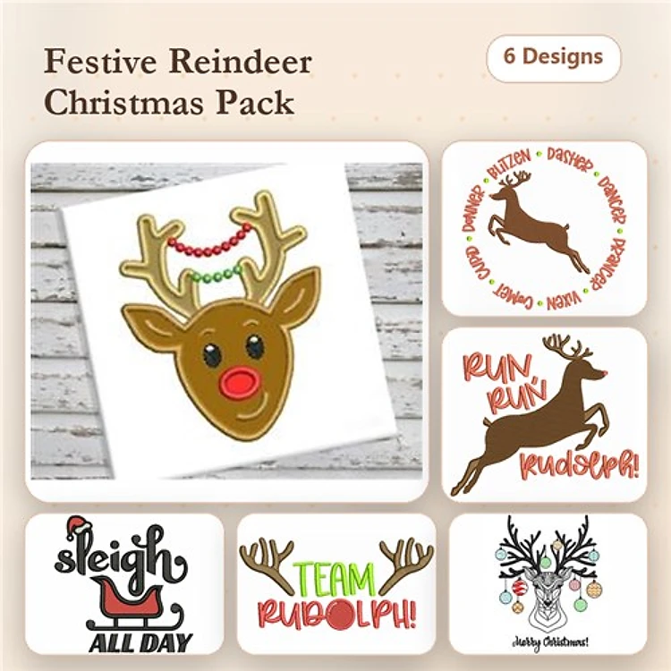 Festive Reindeer Christmas Embroidery Designs Bundle – Reindeer Face, Sleigh All Day, Team Rudolph & More (6 Designs)