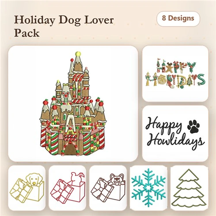 Christmas Castle & Holiday Text Embroidery Bundle – Festive Designs (8 Designs)