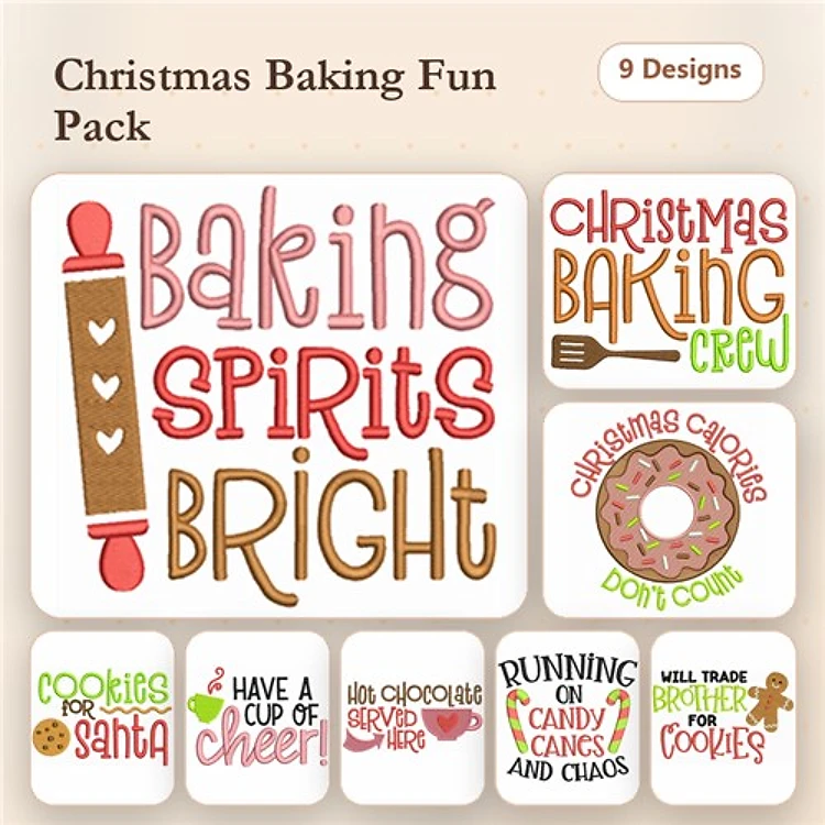 Christmas Baking Embroidery Designs Bundle – Baking Spirits Bright, Cookies for Santa, & More (9 Designs)