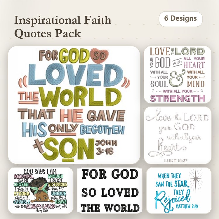 Inspirational Faith Quotes Embroidery Designs Bundle – For God So Loved The World, God Says I Am, John 3:16 & More (6 Designs)