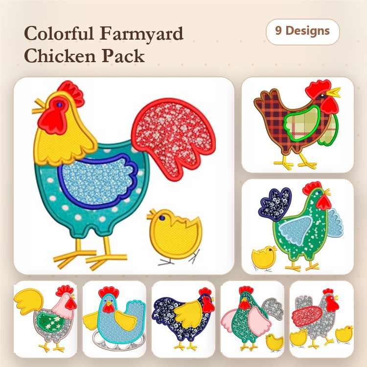 Applique Colorful Farmyard Chickens Embroidery Bundle – Rooster with Blue Body, Hen with Green Pattern, Yellow Chick & More (9 Designs)