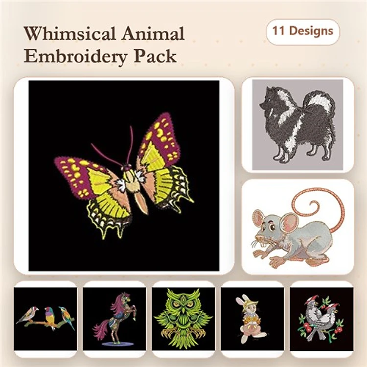 Butterfly & Animal Embroidery Bundle – Birds, Hedgehog & More (11 Designs)