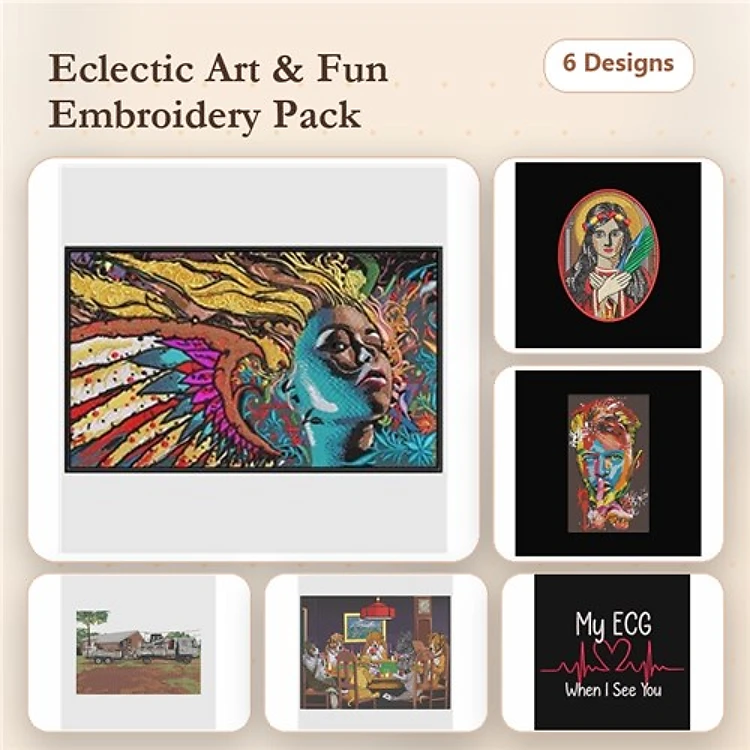 Artistic Portraits Embroidery Bundle – Colorful Portrait, Woman with Feathered Hair, Abstract Face & More (6 Designs)