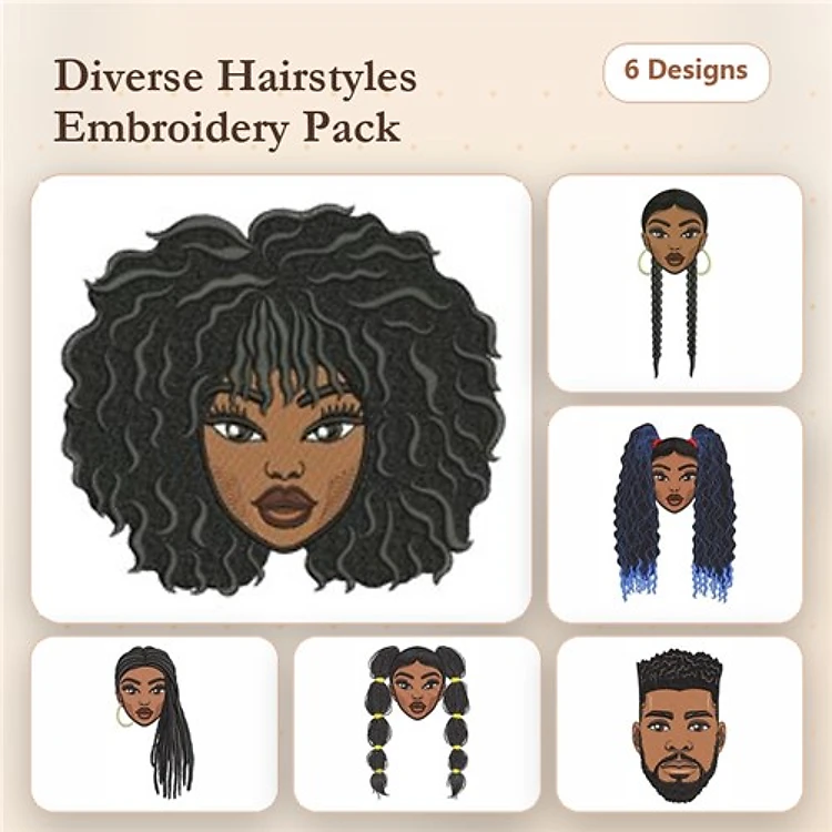 Diverse Hairstyles Embroidery Designs Bundle – Curly Hair, Braided Hair, Long Straight Hair & More (6 Designs)