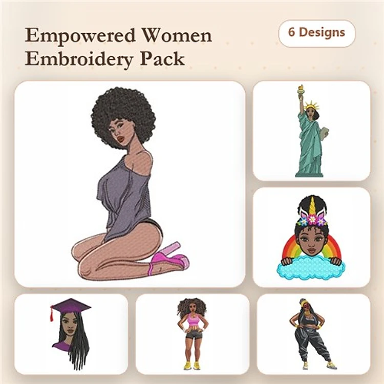 Empowered Women Embroidery Designs Bundle – Curvy Woman with Afro, Statue of Liberty, Girl with Rainbow Hair & More (6 Designs)