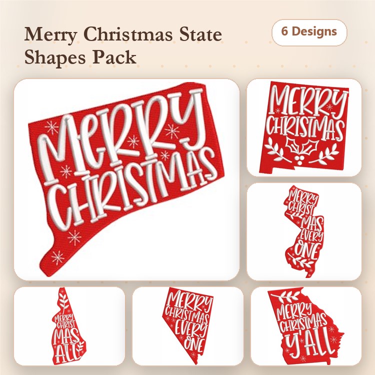 Christmas State Shapes Embroidery Designs Bundle – Merry Christmas State Sign, Christmas Tree Shape, & More (6 Designs)