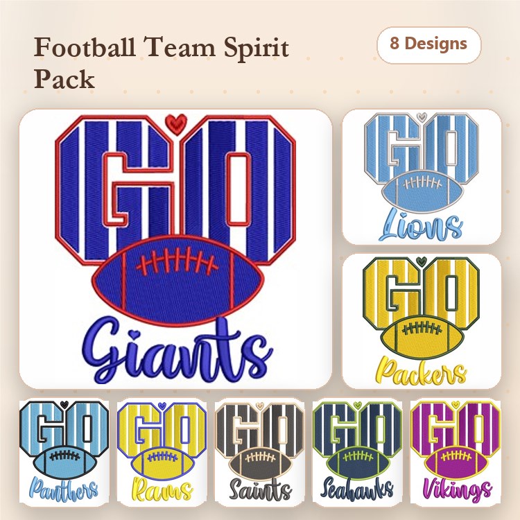 Football Team Spirit Embroidery Designs Bundle – GO Giants, GO Lions, GO Packers & More (8 Designs)