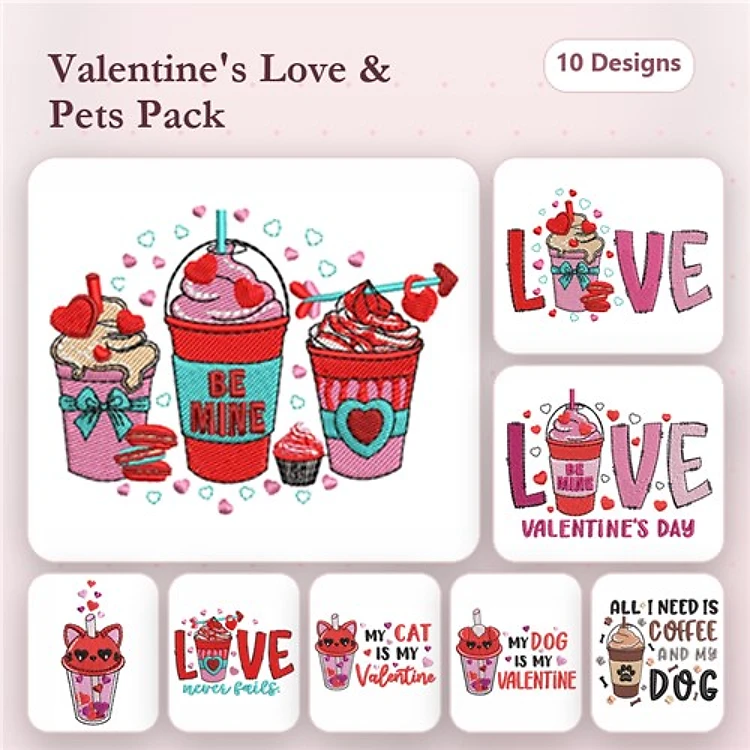 Valentine's Day Coffee & Pet Embroidery Bundle – Love Themes (10 Designs)
