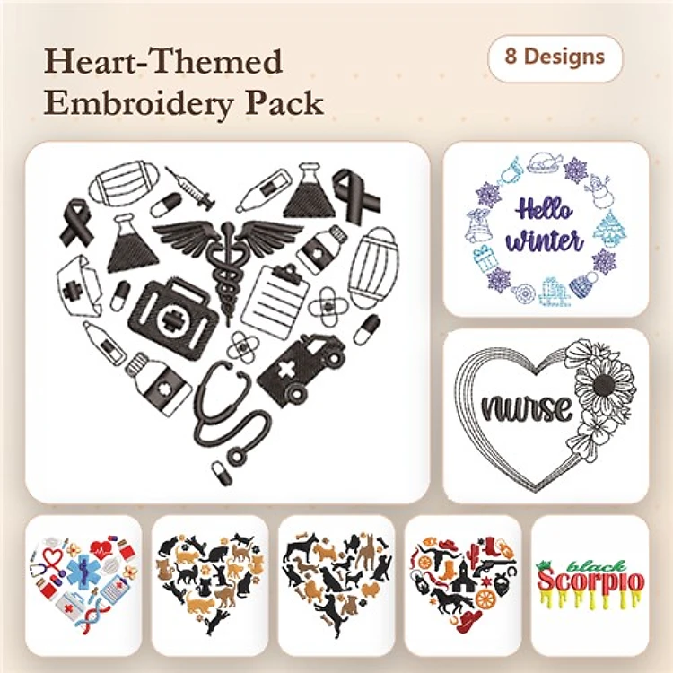 Winter & Nurse Embroidery Bundle – Heart Designs (8 Designs)