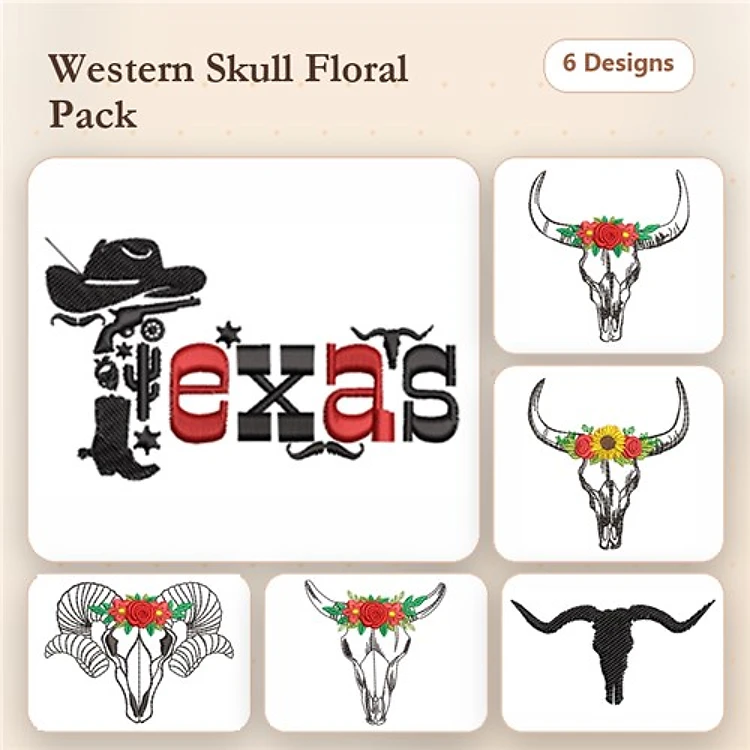 Western Skull Floral Embroidery Designs Bundle – Texas with Cowboy Hat, Floral Skull with Red Flowers & More (6 Designs)