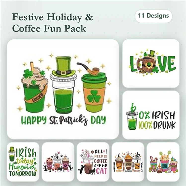 St. Patrick's Day Coffee Humor Embroidery Designs Bundle – Coffee Cups, Irish Coffee Humor, & More (11 Designs)