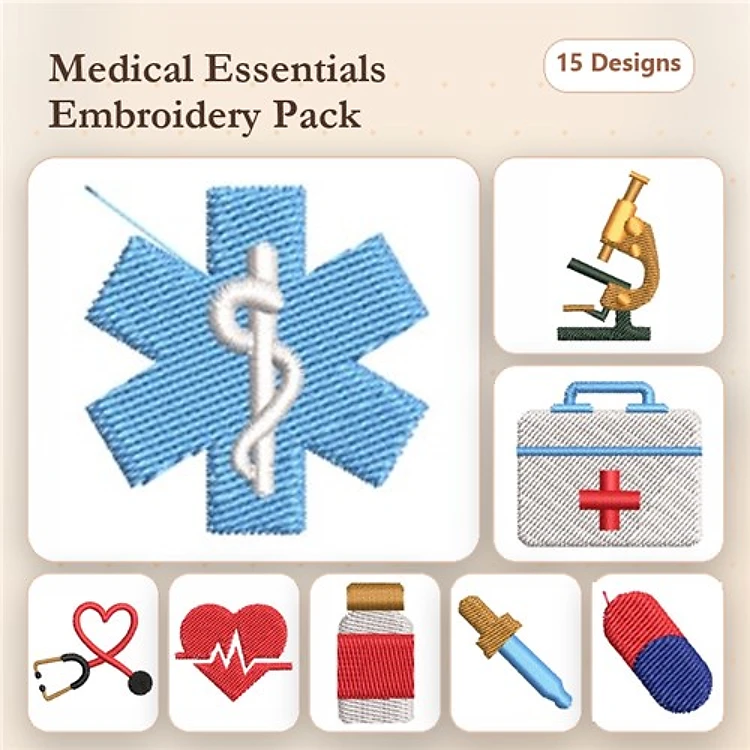 Medical Symbols Embroidery Designs Bundle – Caduceus Symbol, Microscope, Medical Kit & More (15 Designs)