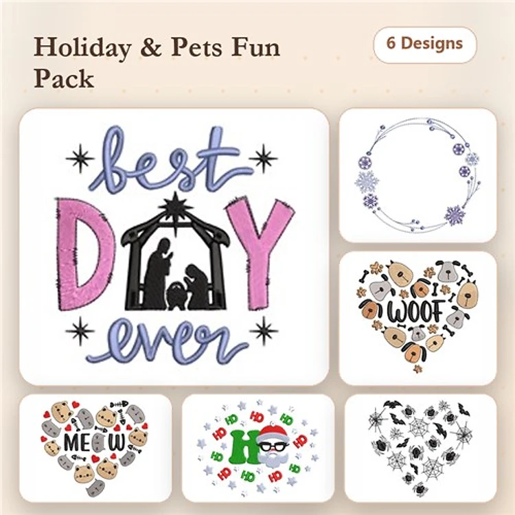 Best Day Ever, Woof & Meow Embroidery Bundle – Fun Designs (6 Designs)