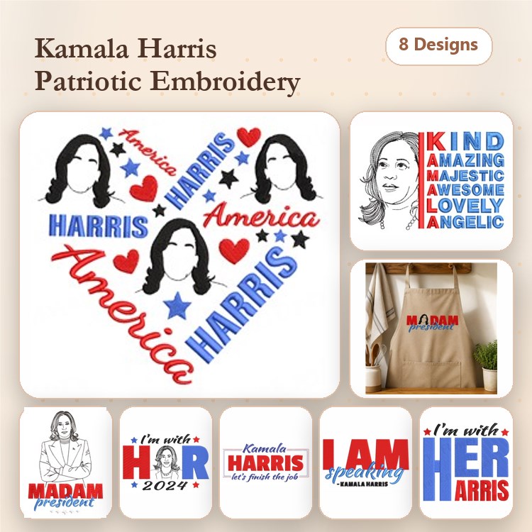 Kamala Harris Patriotic Embroidery Designs Bundle – Silhouette, HARRIS Word Art, Madam Speech & More (8 Designs)