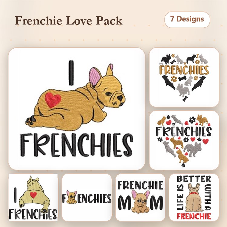 French Bulldog Embroidery Bundle – Cute Frenchie Designs (7 Designs)
