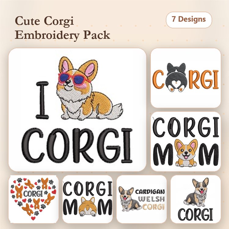 Corgi Dog Embroidery Designs Bundle – Corgi Mom, Cardigan Welsh Corgi, I Love Corgi & More (7 Designs)