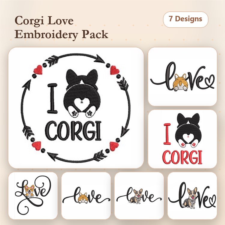Corgi Embroidery Bundle – Love and Heart Designs (7 Designs)