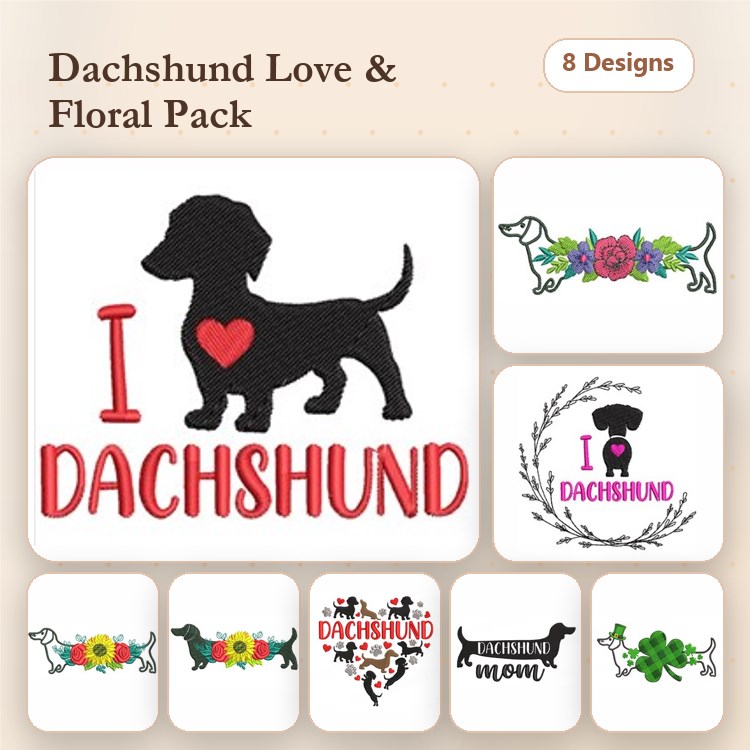 Dachshund Dog Embroidery Designs Bundle – Dachshund Mom, Dachshund Lover & More (8 Designs)